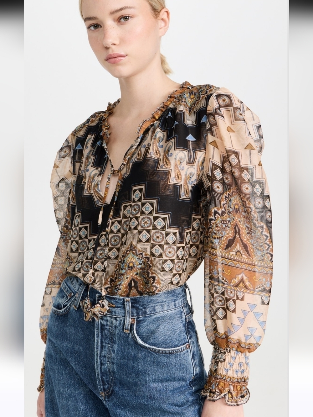 MISA Los Angeles NEW Siena Alhambra Mosaic Chiffon Blouse Peasant Top SZ Medium